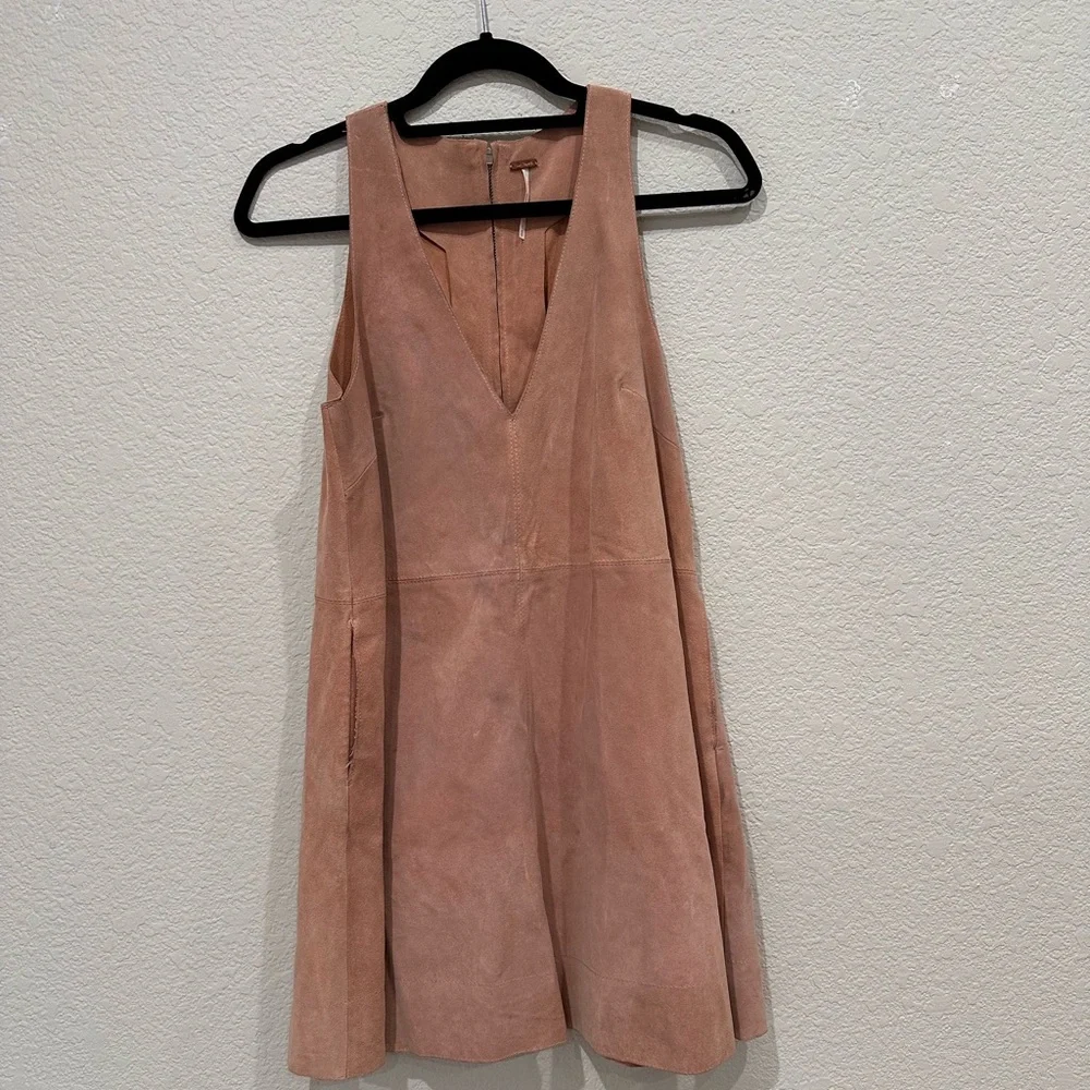 Free People Tan Suede V-Neck Mini Dress Sleeveless A-Line Pockets‎ XS